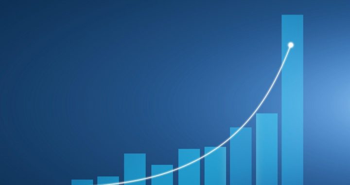 Infografik mit einem blauen Balkendiagramm, das einen stetigen Anstieg zeigt, ergänzt durch eine aufsteigende Kurve.