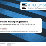 Präsentationstitel "Verständliche Prüfungen gestalten" von IFTO GmbH, mit Fokus auf Prüfungen in einfacher Sprache, gehalten von Susanne Scharff am 5. Juli 2023.