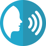 Symbol für Sprachkommunikation mit einem Profil einer Person und Schallwellen.