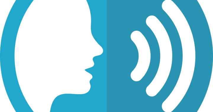 Symbol für Sprachkommunikation mit einem Profil einer Person und Schallwellen.
